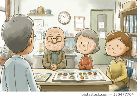 Illustration of a doctor and a senior couple giving nutritional advice to the elderly in a picture book style 130477704