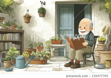 A picture book-style illustration of a smiling senior man enjoying horticultural therapy in a spring courtyard 130477705