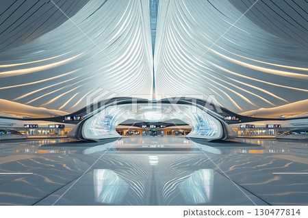 Futuristic airport terminal featuring flowing symmetrical lines and a sleek design with bright illumination 130477814