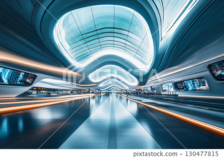 Futuristic airport terminal featuring flowing symmetrical lines and a sleek design with bright illumination 130477815