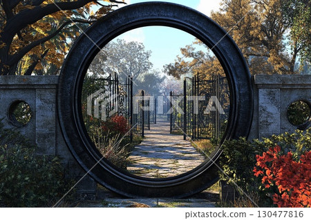 Round gate leading to a series of similar gates in a serene outdoor environment 130477816
