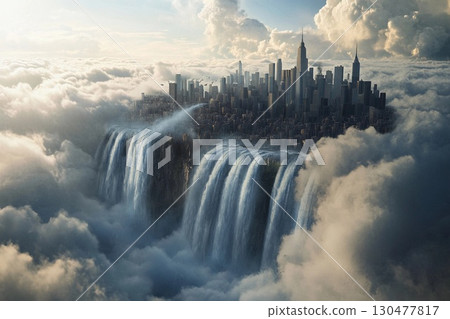 City of clouds with majestic waterfalls cascading into the abyss under a serene sky at twilight 130477817