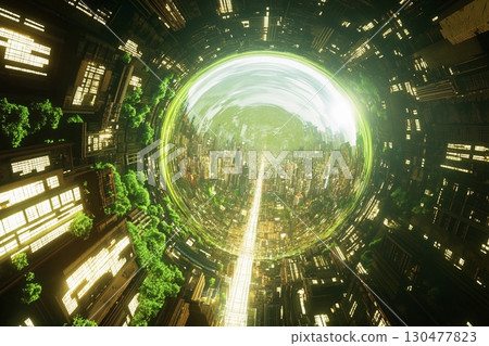Futuristic city enclosed in a glowing sphere with reflections of skyscrapers and sunset over urban landscape 130477823