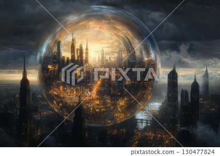 Futuristic city enclosed in a glowing sphere with reflections of skyscrapers and sunset over urban landscape Futuristic city enclosed in a glowing sphere with reflections of skyscrapers and sunset over urban landscape 130477824