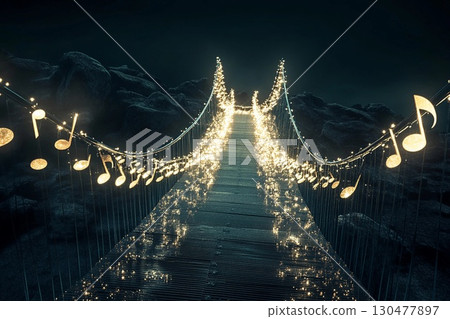 Musical bridge illuminated with shining notes creating a harmonious atmosphere at night 130477897