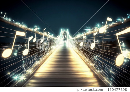Musical bridge illuminated with shining notes creating a harmonious atmosphere at night 130477898
