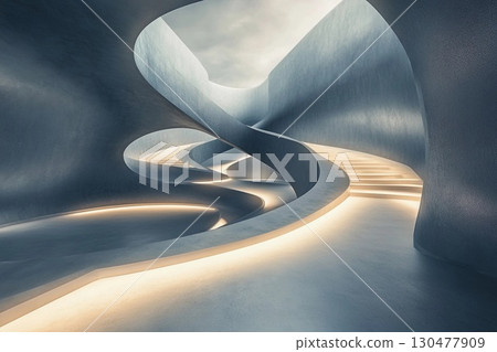 Futuristic museum showcasing symmetrical spiraling ramps illuminated by soft lighting for an immersive visitor experience 130477909