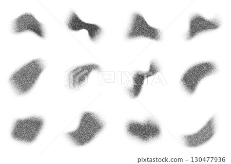 Grainy gradient shapes with pattern of noisy sand elements. Abstract stipple splashes on white background. Vector fluid shadows with dotted texture. Charcoal liquid stains. Grainy gradient shapes with pattern of noisy sand elements. Abstract stipple splashes on white background. Vector fluid shadows with dotted texture. Charcoal liquid stains. 130477936