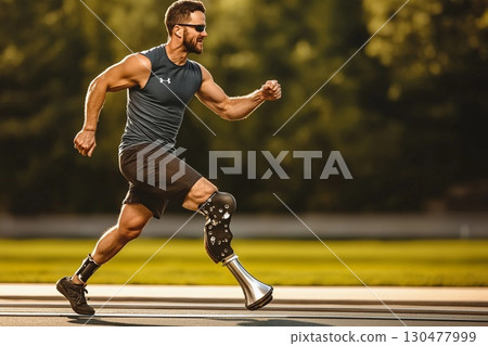 Close-up of person with prosthetic leg walking on court during sunset, highlighting resilience and strength in athletic pursuit Close-up of person with prosthetic leg walking on court during sunset, highlighting resilience and strength in athletic pursuit 130477999