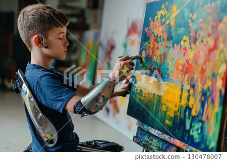 Creative artist with prosthetic arms passionately expresses himself through painting in an art studio space during daytime 130478007