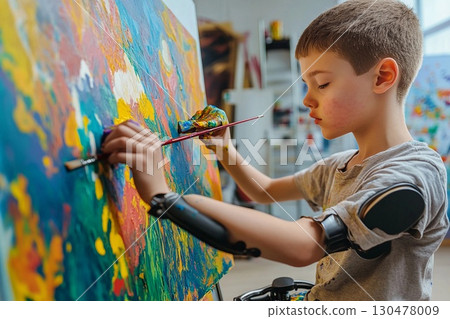 Creative artist with prosthetic arms passionately expresses himself through painting in an art studio space during daytime 130478009