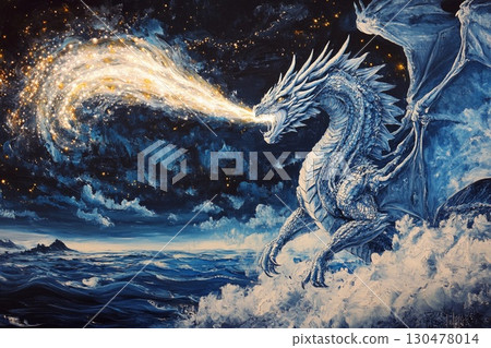 Majestic dragon illuminates the night sky with waves of light, transforming darkness into radiant day 130478014