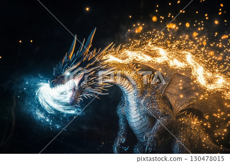 Majestic dragon illuminates the night sky with waves of light, transforming darkness into radiant day 130478015