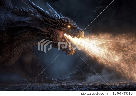 Majestic dragon illuminates the night sky with waves of light, transforming darkness into radiant day 130478016