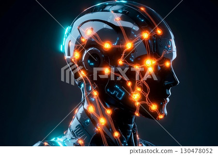 Humanoid robot showcases glowing circuits in a futuristic environment 130478052