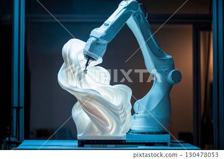 Robotic arm crafts intricate digital sculpture in real-time at an art studio 130478053