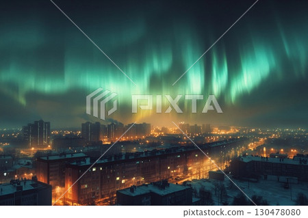 Aurora-like phenomenon illuminates city skyline with vibrant lights against a darkening twilight backdrop Aurora-like phenomenon illuminates city skyline with vibrant lights against a darkening twilight backdrop 130478080