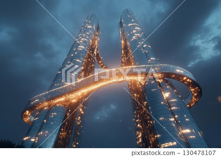 Twin towers with mirrored glass design create a stunning skyline connection at sunset 130478107