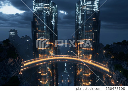 Twin towers with mirrored glass design create a stunning skyline connection at sunset 130478108