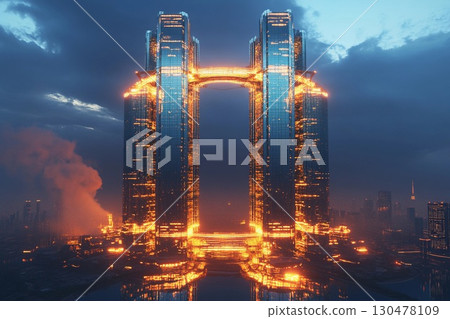 Twin towers with mirrored glass design create a stunning skyline connection at sunset 130478109