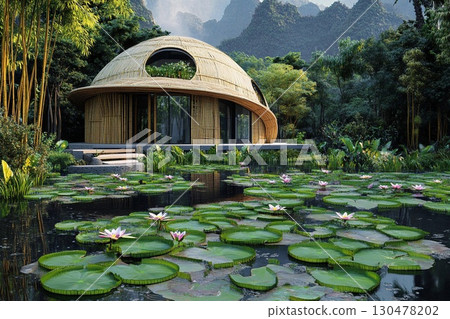 Bamboo dome home nestled among serene water lilies in a tranquil natural setting 130478202