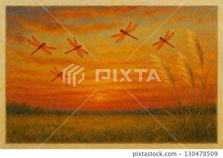 秋日意象：夕陽西下，蒲葦，紅蜻蜓，油畫 130478509