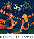 Tourists taking aerial photos of a fireworks display using a drone 130478641