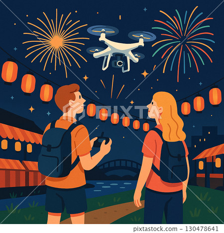 遊客使用無人機拍攝煙火表演的空拍照片 遊客使用無人機拍攝煙火表演的空拍照片 130478641