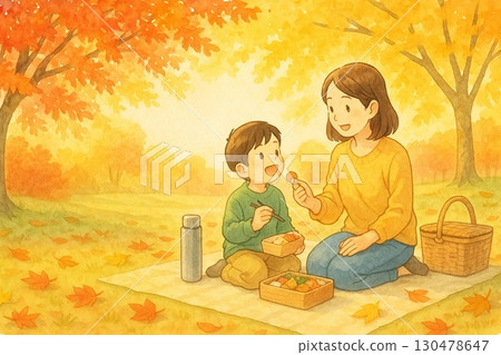 A picnic illustration of parents and children enjoying autumn leaves 130478647