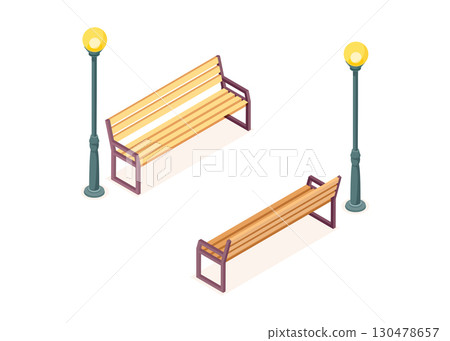 Wooden Park Bench with Street Lamps stock illustration. 130478657