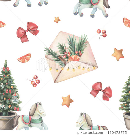 Seamless Christmas pattern with toy horses, trees, bows, stars, oranges, festive envelopes. Hand-drawn clipart isolated on white for wrapping paper, fabric, cards, invitations, digital designs 130478755