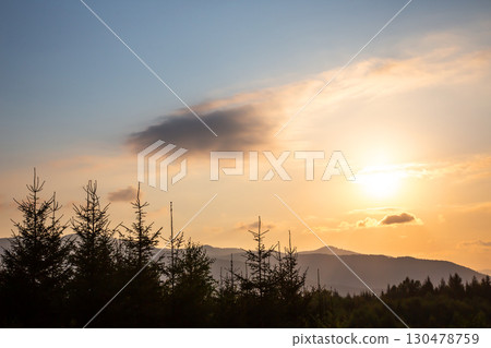 Sunset over mountains with silhouetted trees in the foreground during golden hour Sunset over mountains with silhouetted trees in the foreground during golden hour 130478759