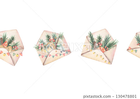 Seamless border with envelopes filled with holiday elements: pine, toy horse, oranges, stars, decorated with garlands. Hand-drawn clipart isolated on white for cards, wrapping, posters, textiles Seamless border with envelopes filled with holiday elements: pine, toy horse, oranges, stars, decorated with garlands. Hand-drawn clipart isolated on white for cards, wrapping, posters, textiles 130478801