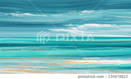 Abstract painting of sea and sky with strokes of blue and emerald green 130478822