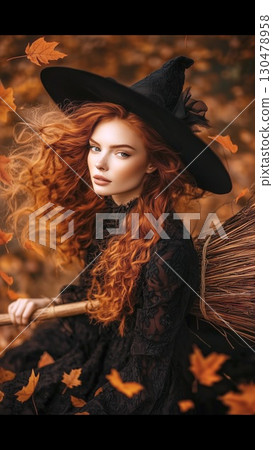 Redheaded witch standing in autumn woodland, gripping magical broom, surrounded by drifting leaves, radiating mystical enchantment and supernatural allure 130478958
