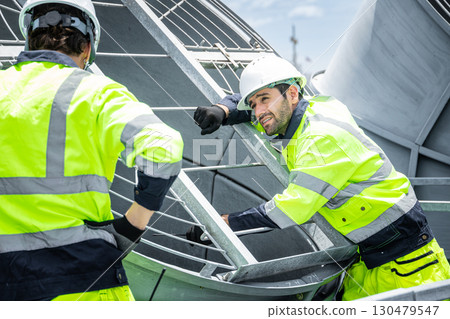 Professional engineer team service checking HVAC cooling tower, fan water Industry air conditioner 130479547