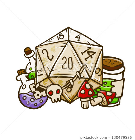 Fantasy magic dice featuring a D20 sorcerer with potion bottle and spellbook. Whimsical DND wizard design perfect for roleplay games and cartoon strategy stickers. 130479586