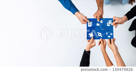 Collaborative Teamwork in Business Management, Hands of Diverse Professionals Engaging with Digital Tools and Icons for Effective Communication and Strategy Development. Amity 130479826