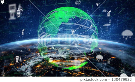 Futuristic Concept of Eco-Friendly Technology and Sustainable Development Represented by Green Globe and Digital Symbols Over Earth from Space xenic Futuristic Concept of Eco-Friendly Technology and Sustainable Development Represented by Green Globe and Digital Symbols Over Earth from Space xenic 130479923