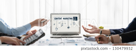 Analyst team working on data analysis dashboard on laptop screen. Insight 130479932