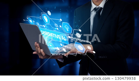 Businessman in Suit Demonstrating Concept of Generative AI and Machine Learning with Laptop Displaying Futuristic Interface and Data Visualization. Tessel 130479938