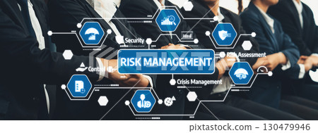 Comprehensive Risk Management Concepts and Strategies in a Professional Business Environment with Visual Icons and Charts. Amity 130479946