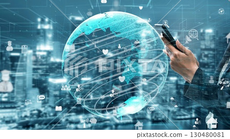Modern Technology and Global Connectivity with Smartphone in Hand Interacting with Digital Globe and Network Icons in Urban Environment xenic 130480081