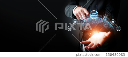 Businessman Hand Showing Data Driven Online Business Insights with Advanced AI Technology and Global Connection Icons in Dark Background XDMCP 130480083
