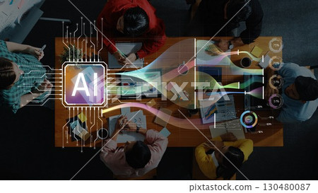 People Engaging in Collaborative Meeting with Advanced Technology Concept Displaying AI Integration Over Tabletop Workspace Environment. Raster 130480087