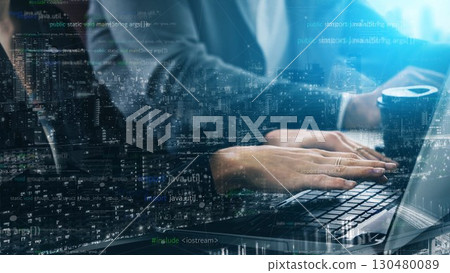 Hands typing on laptop with digital overlay of code and city skyline, representing technology, software development, and urban digital transformation xenic Hands typing on laptop with digital overlay of code and city skyline, representing technology, software development, and urban digital transformation xenic 130480089