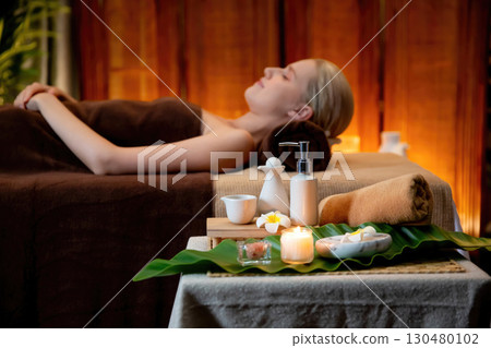 Aromatherapy massage ambiance or spa salon composition setup. Quiescent Aromatherapy massage ambiance or spa salon composition setup. Quiescent 130480102