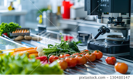 Food Technology, Automated machine slicing vegetables with precision Food Technology, Automated machine slicing vegetables with precision 130480147