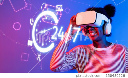 Happy Woman in Virtual Reality Headset Enjoying Digital Experience with Neon Background and 24-hour Clock Concept for Technology and Innovation Themes. Raster Happy Woman in Virtual Reality Headset Enjoying Digital Experience with Neon Background and 24-hour Clock Concept for Technology and Innovation Themes. Raster 130480226