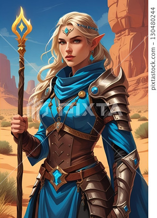 Portrait illustration of a beautiful female wizard in armor holding a staff, fantasy TRPG character 130480244